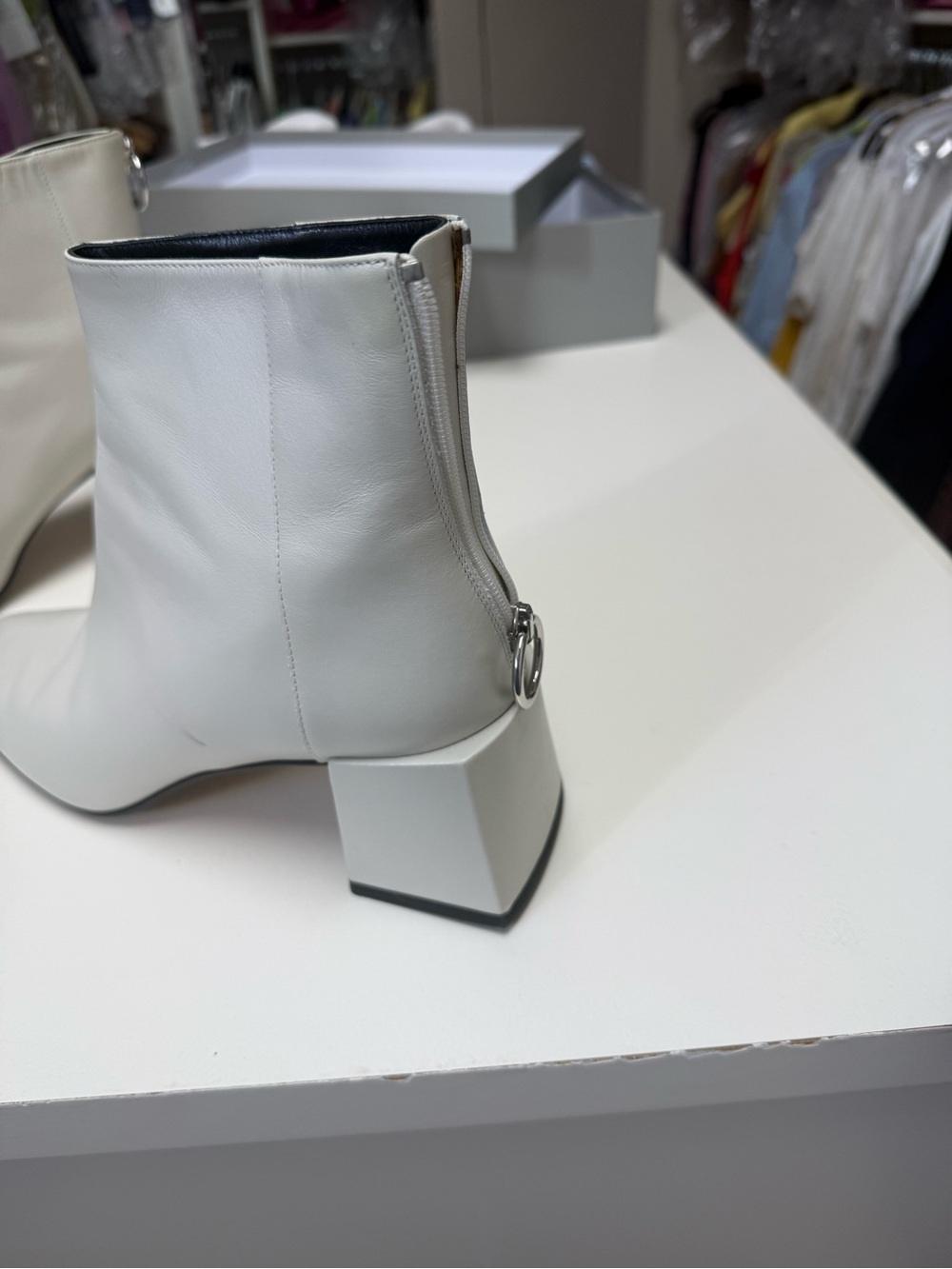 Via Spiga White Leather Block Heel Ankle Boots